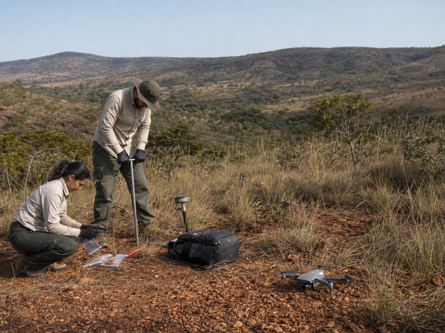 Equipe coleta amostras de solo em campanha geológica