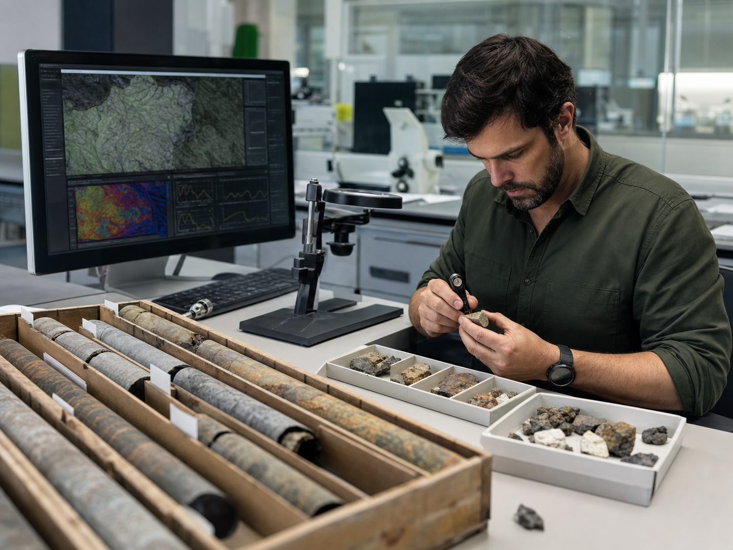 Geólogo analisa testemunhos de sondagem em laboratório