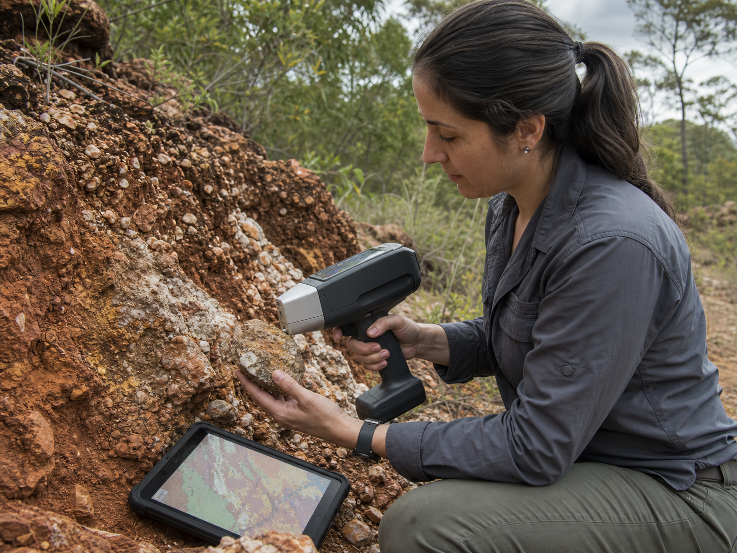 Geóloga realiza leitura mineral em afloramento brasileiro