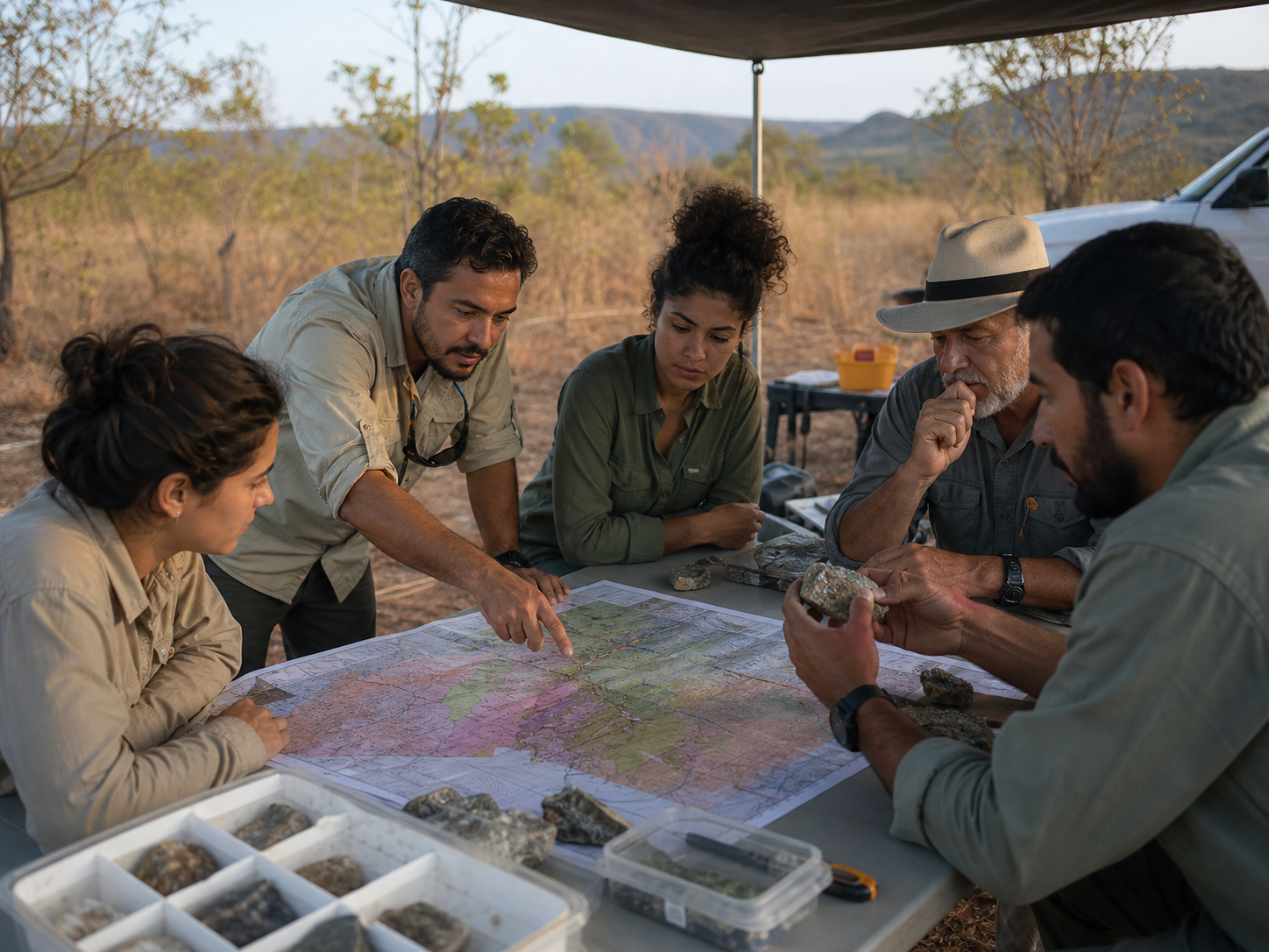 Equipe planeja investigação geológica com mapa de campo