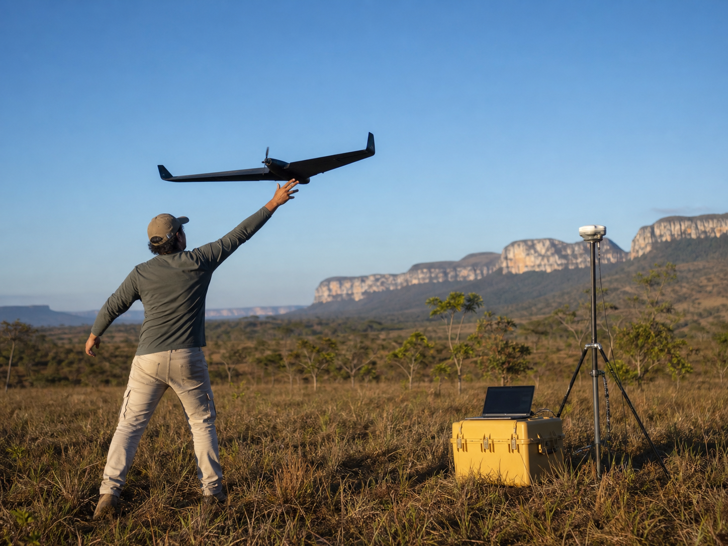 Operador lança drone para sensoriamento remoto