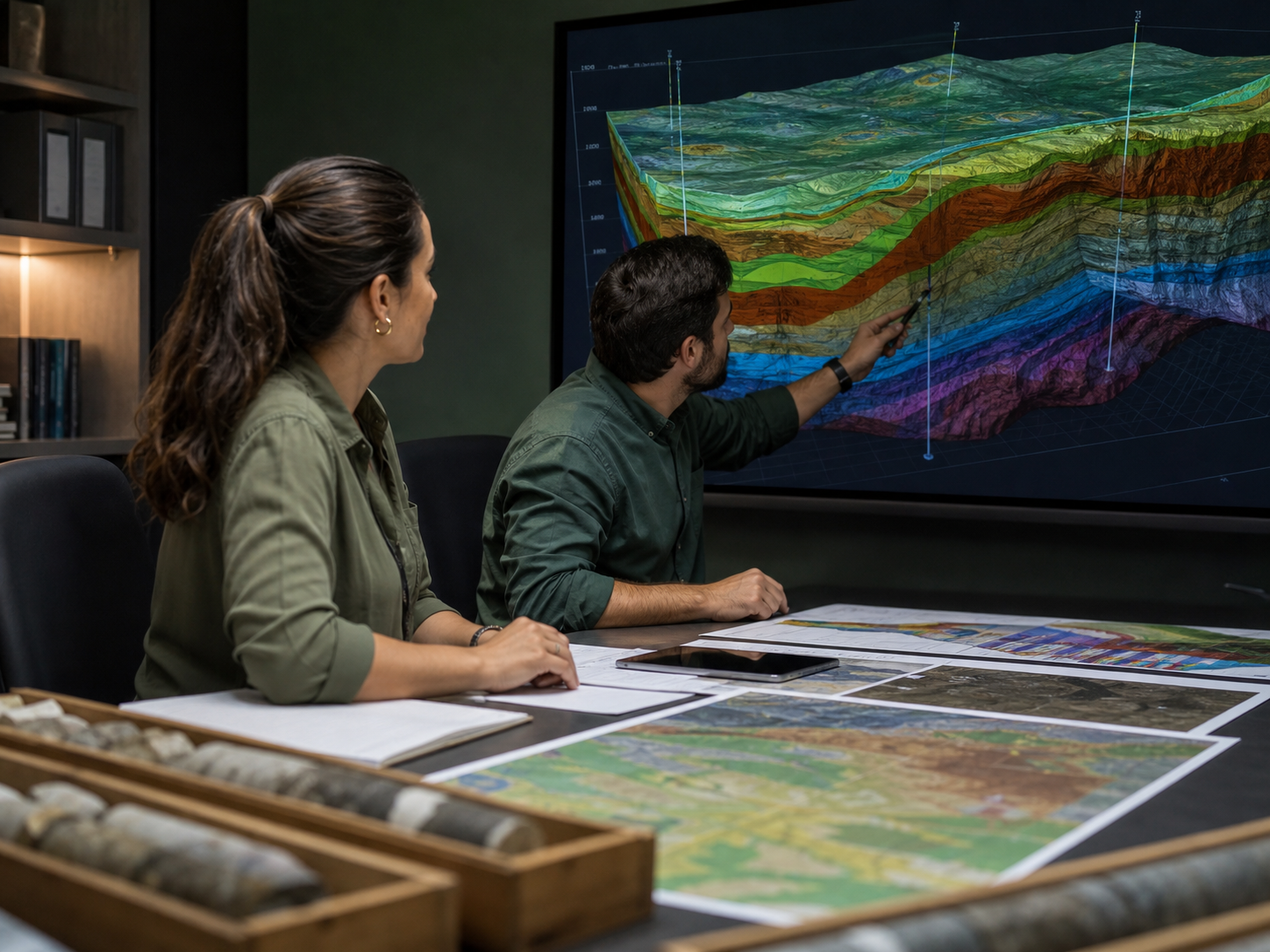 Geocientistas interpretam um modelo geológico tridimensional
